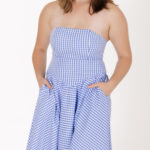 Blue Gingham Strapless Midi Dress - Image 4