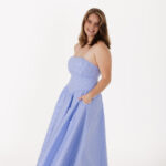Blue Gingham Strapless Midi Dress