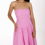 Pink Gingham Strapless Midi Dress - Image 3