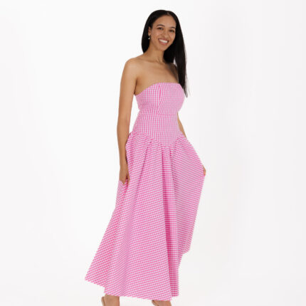 Pink Gingham Strapless Midi Dress