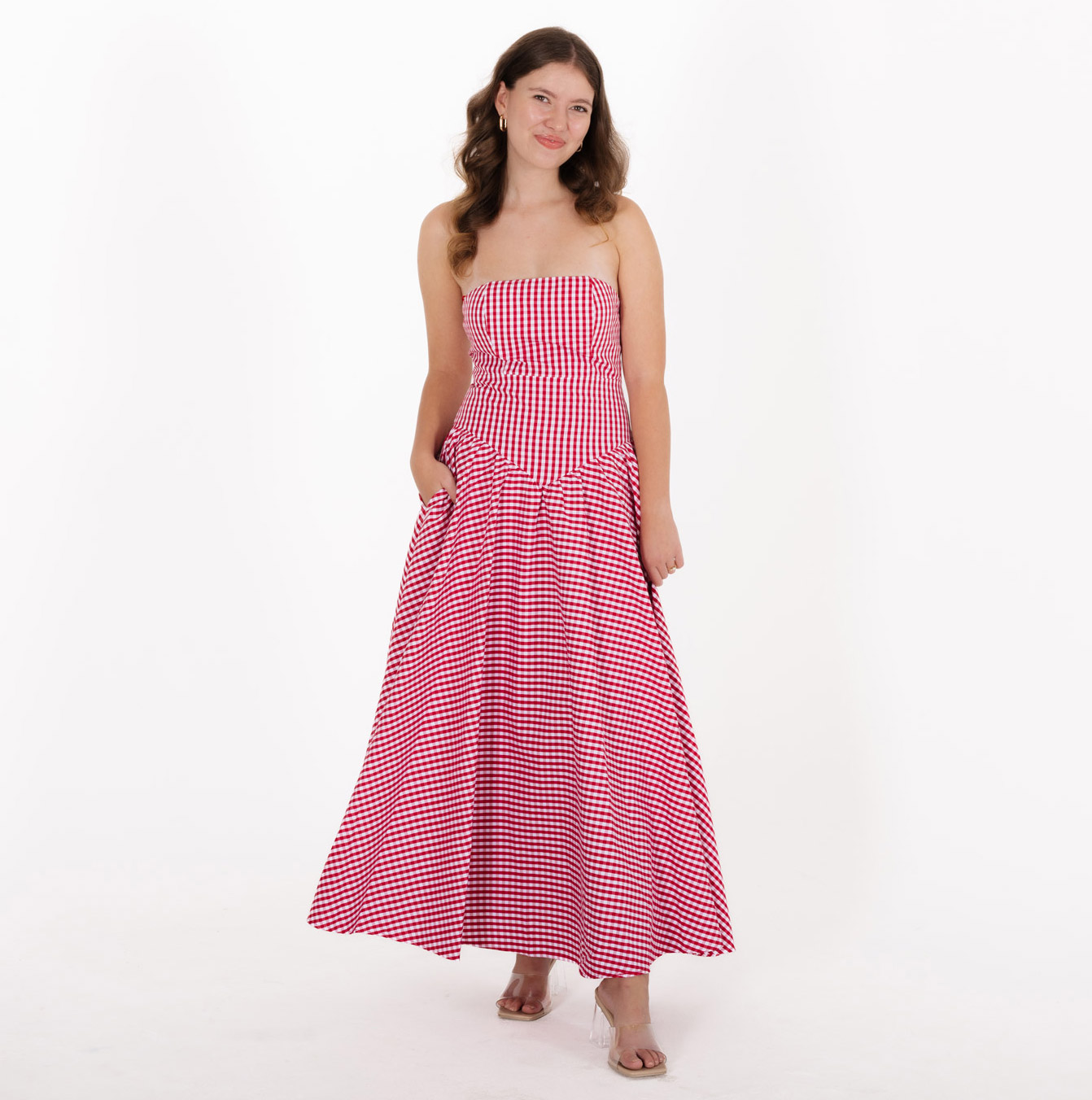 Wonderfully-Made-SA-Red-Gingham-Dress-6 Red Gingham Strapless Midi Dress - Image 1